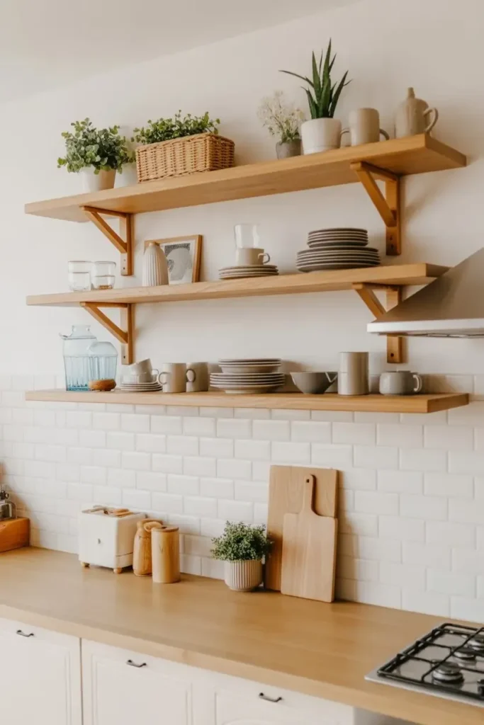 Add Warm Wood Open Shelves