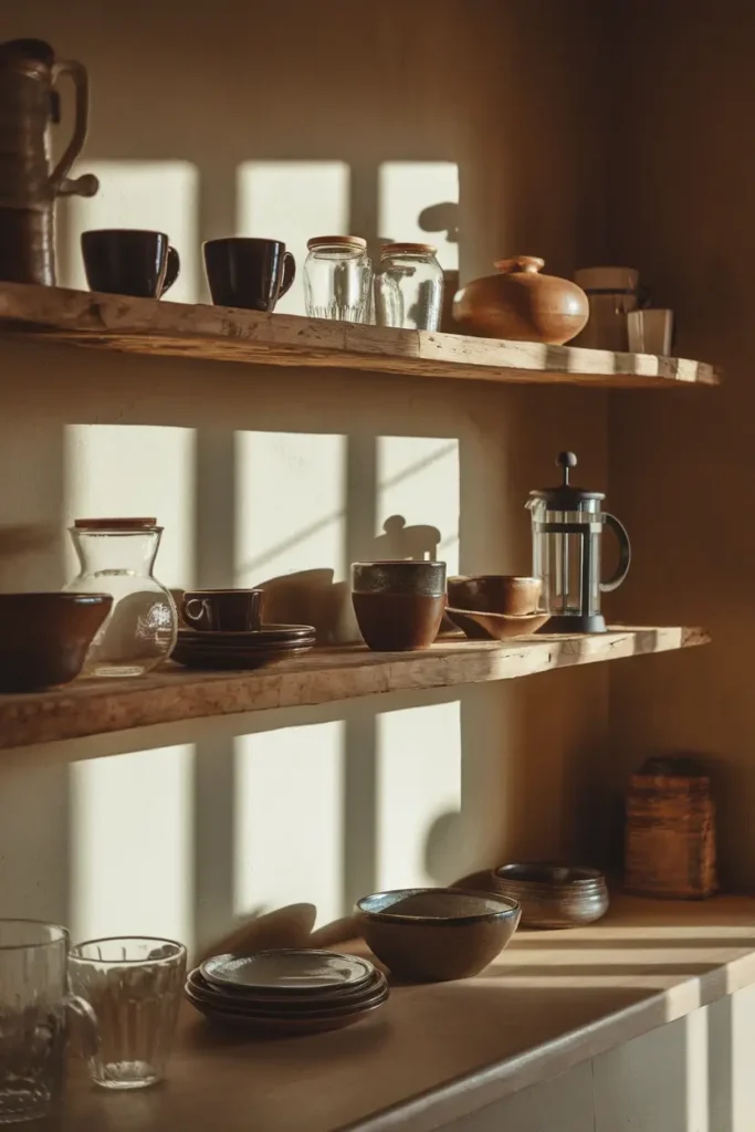 Wood shelves of kitchen
