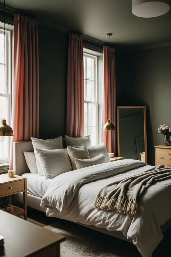 Dark Sage Green Walls with Blush Pink Curtains