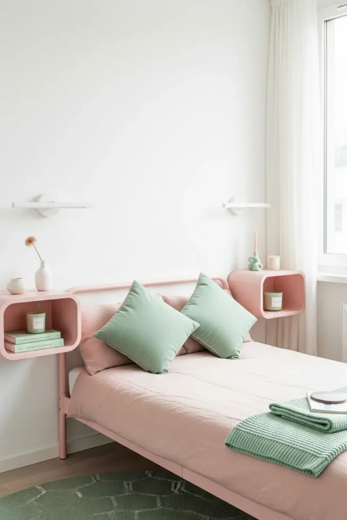 Space-Saving Pastel Pink Furniture with Green Textiles