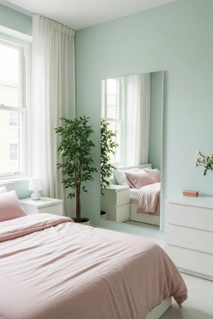Mirrors and Light Green Walls for Expanded Space
