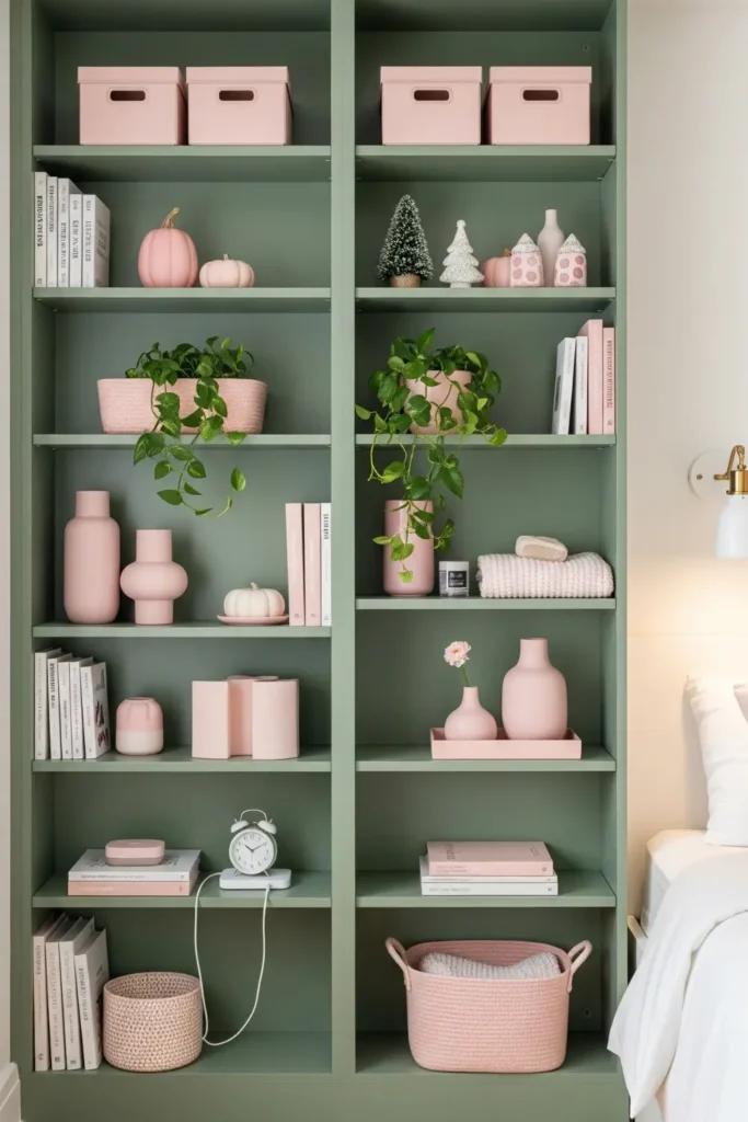 Vertical Storage with Green Shelves and Pink Decor