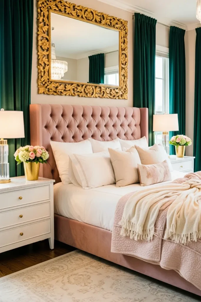 Luxury Master Bedroom with Velvet and Gold Accents