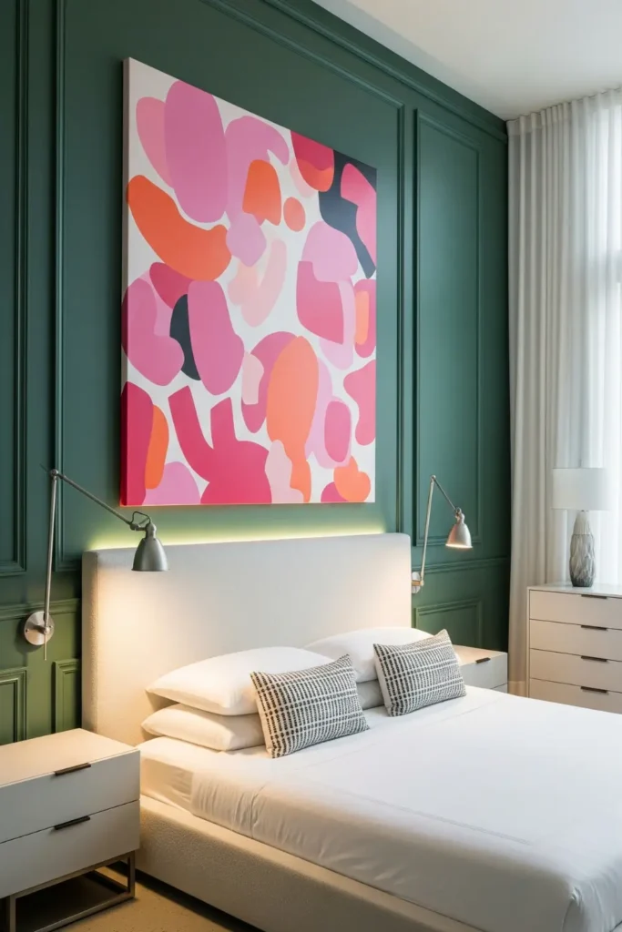 Contemporary Chic with Green Panel Molding and Pink Art