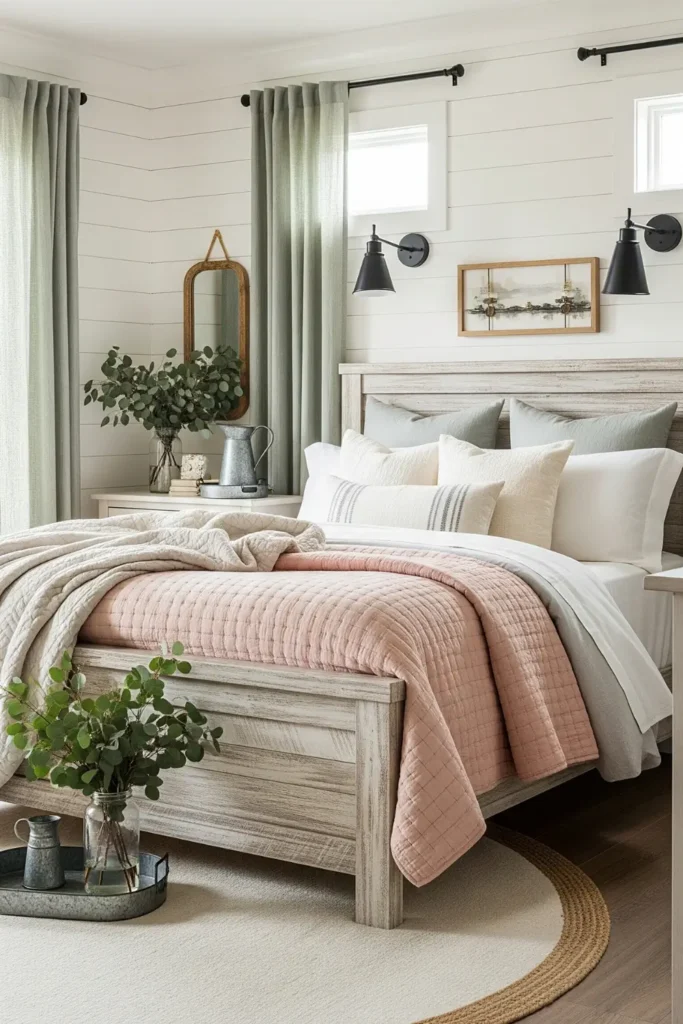 Modern Farmhouse Pink and Green Bedroom