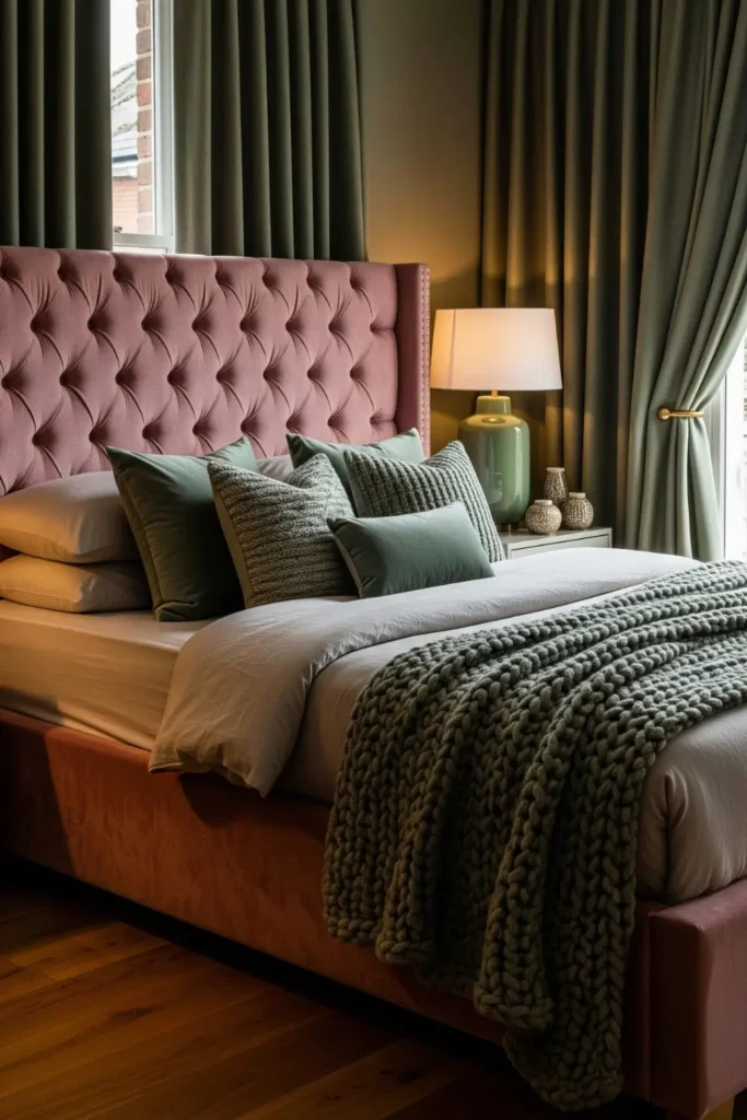 Blush Pink Bed with Soft Sage Green Accents