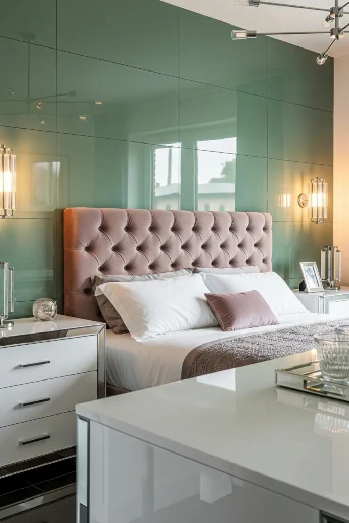 High-Gloss Sage Panels with Blush Upholstery