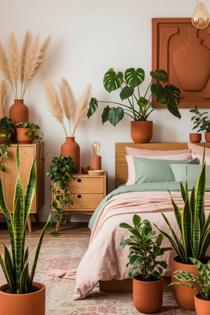 Terracotta with Green Plants and Pink Accents