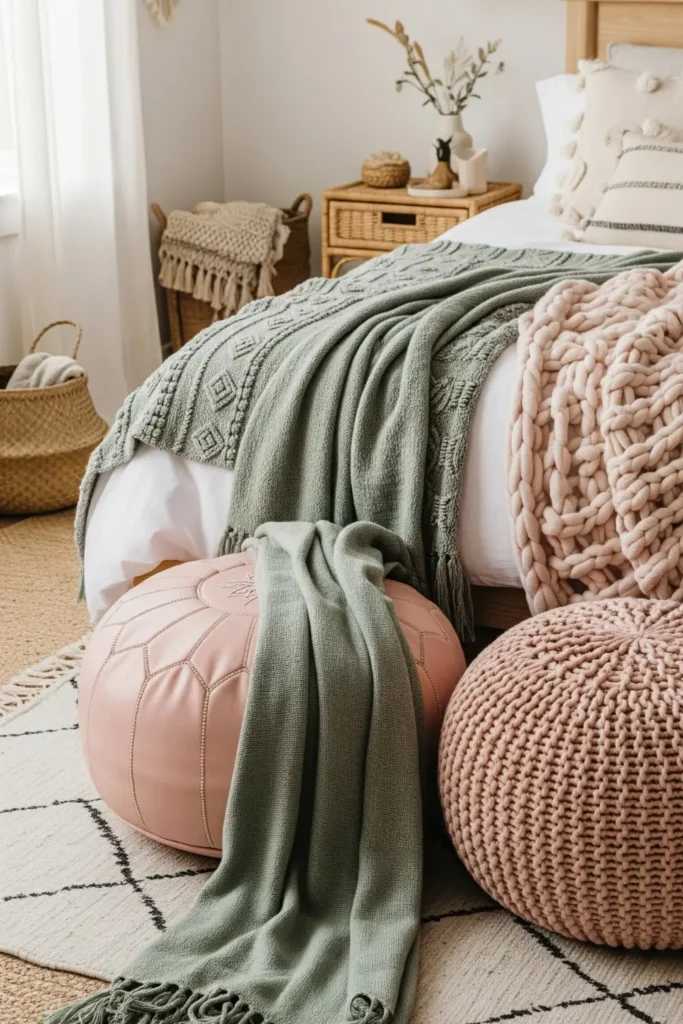Blush Pink Poufs and Sage Green Throws