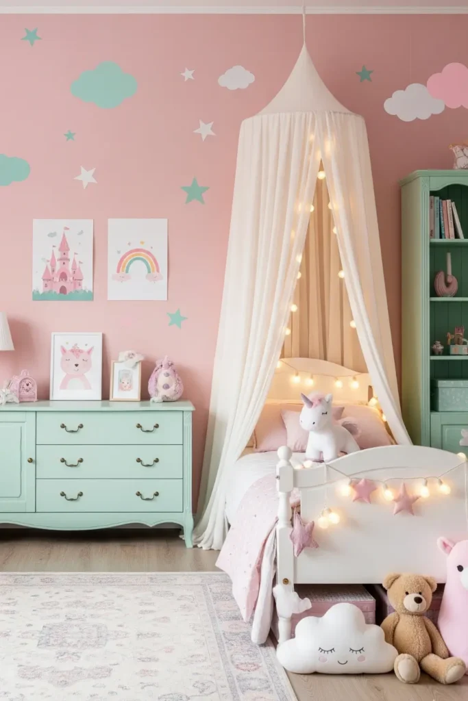 Whimsical Pastel Pink and Mint Green Girls' Room