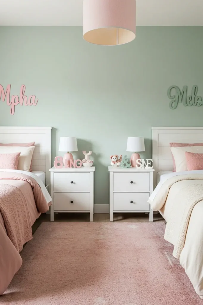 Shared Sibling Rooms with Neutral Green and Pink Accents