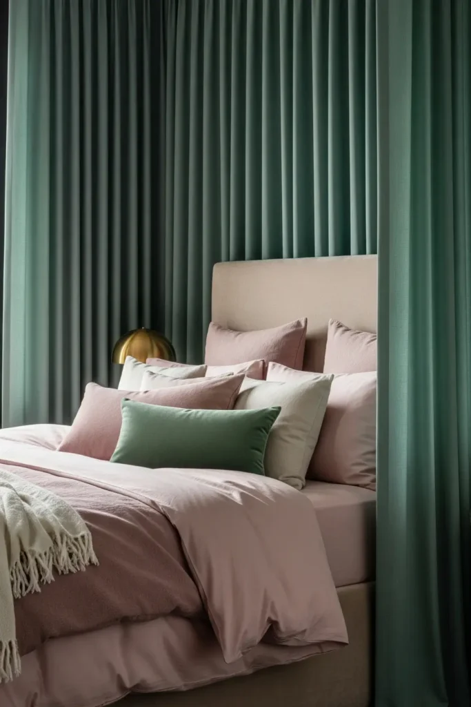 Light Green Curtains with Layered Pink Bedding