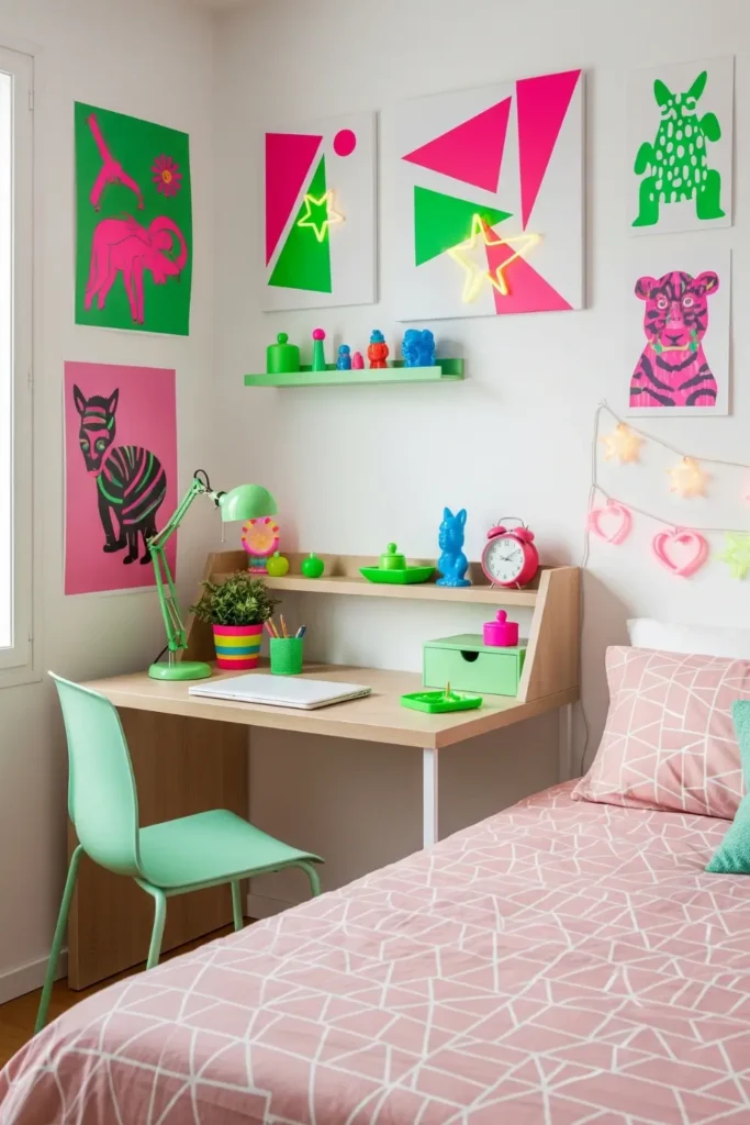 Tween Bedroom with Neon Pink and Green Art