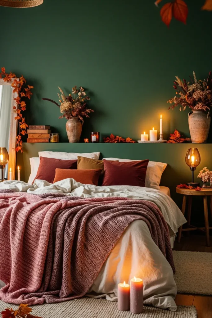 Autumn Cozy: Deep Green Walls with Rose Pink Throws