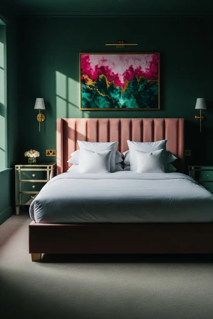Emerald Green Walls with Blush Pink Bed Frame