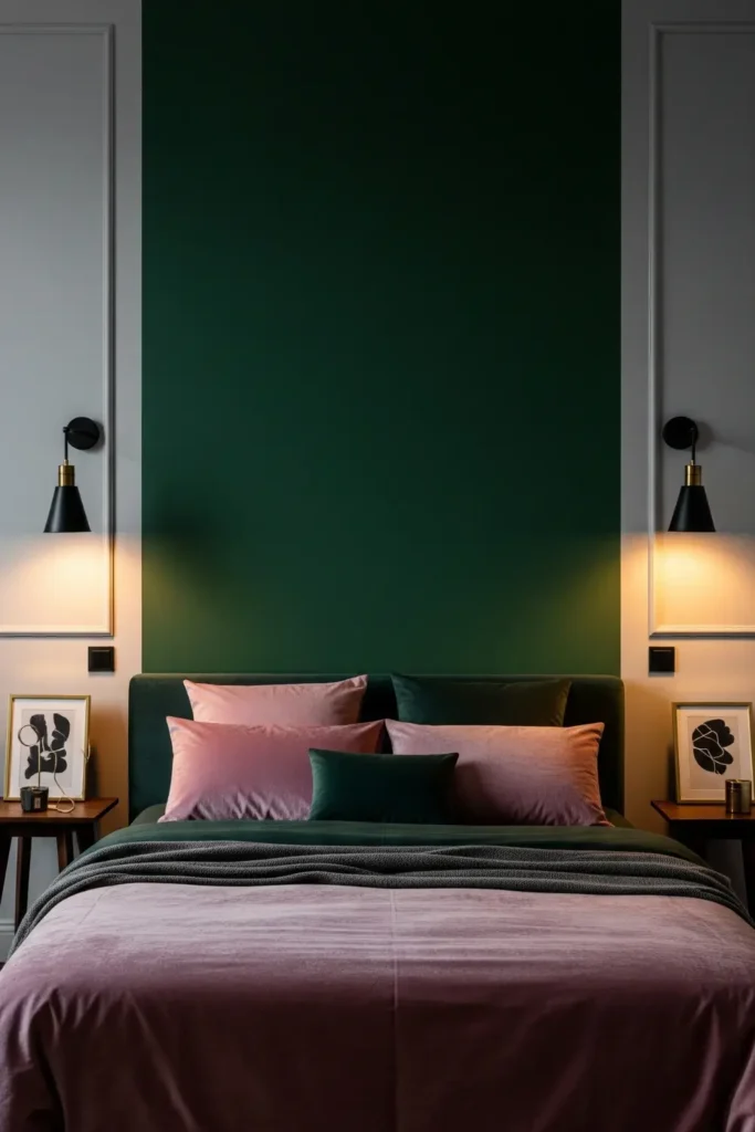 Dark Green Accent Wall with Pink Velvet Bedding