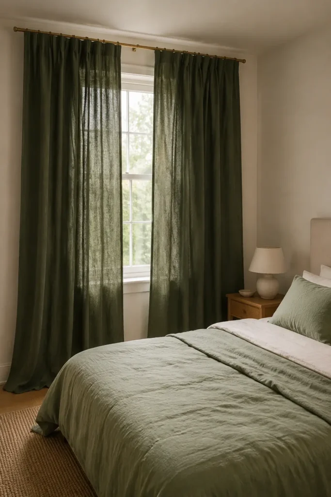 Pair Green Curtains With a Slim Gold Rod