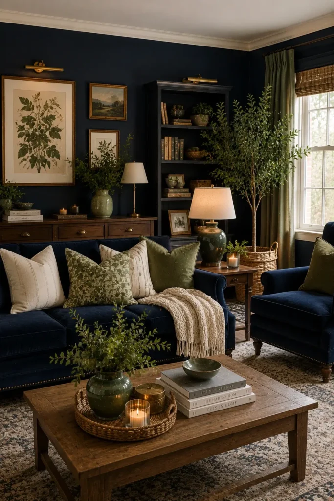 Timeless Navy Blue and Green Living Room Decor