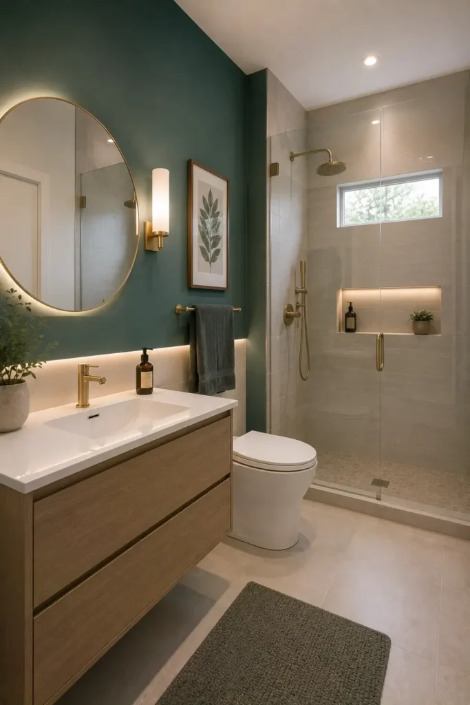 A Teal Accent Wall Behind the Vanity