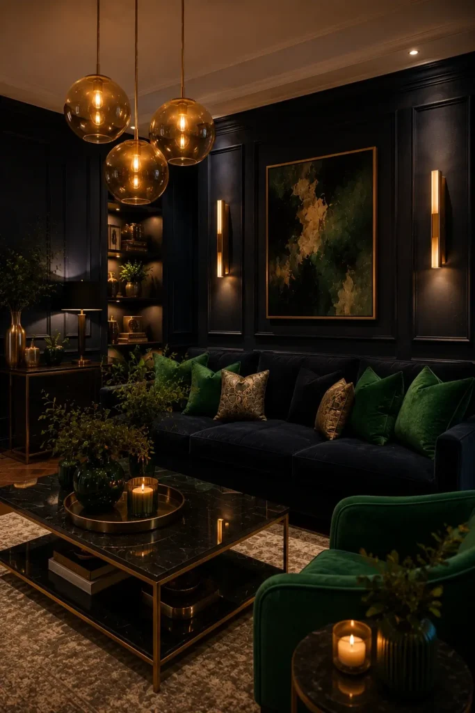 Navy and Green Living Rooms with Brass Lighting
