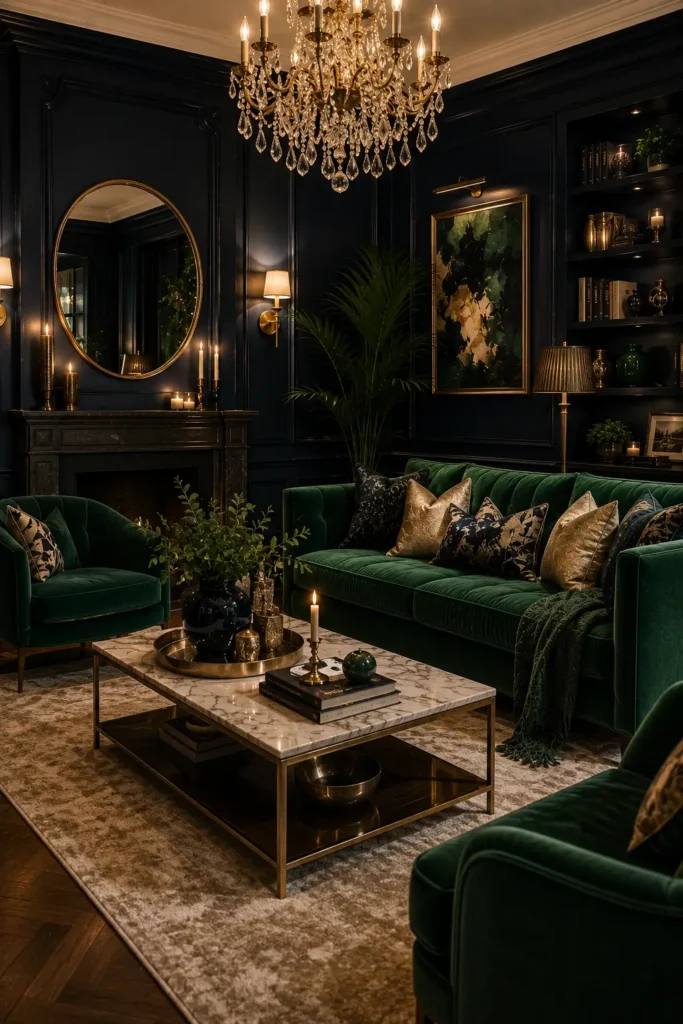 Elegant Navy and Emerald Living Room Styling