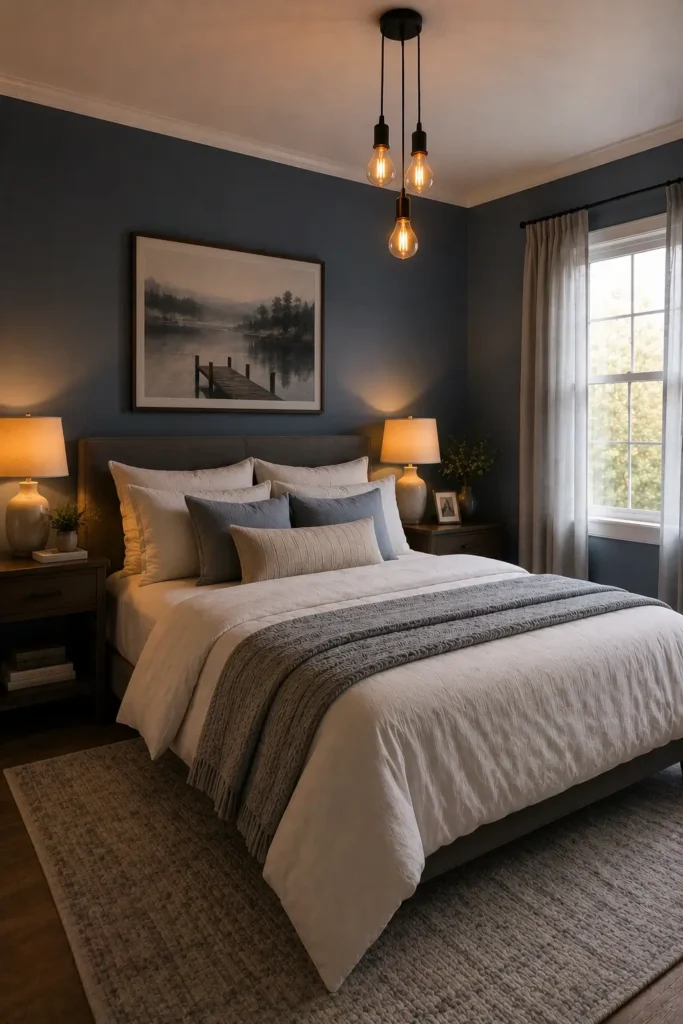 Slate Blue Bedroom With Warm Lighting