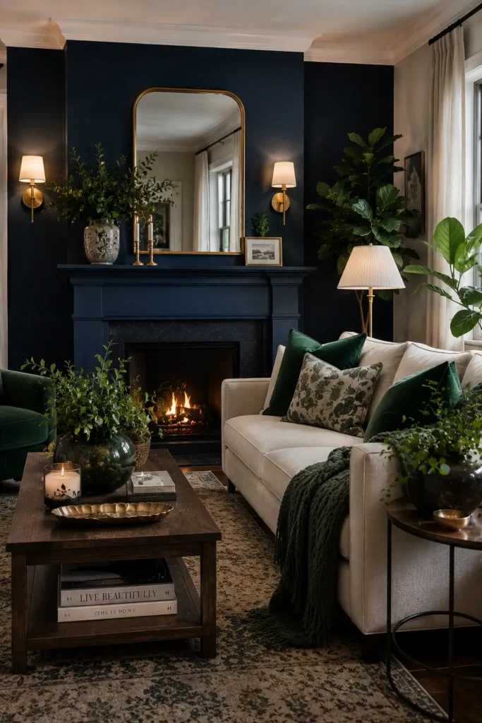 Navy Blue Fireplace Walls with Green Decor