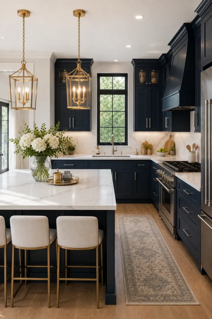Midnight Blue Cabinets With Marble Countertops