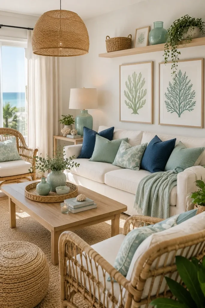Coastal Navy and Green Living Room Ideas
