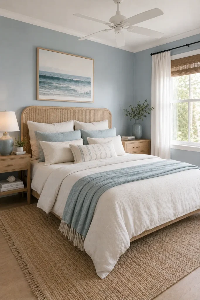 Coastal Blue Bedroom With Natural Textures