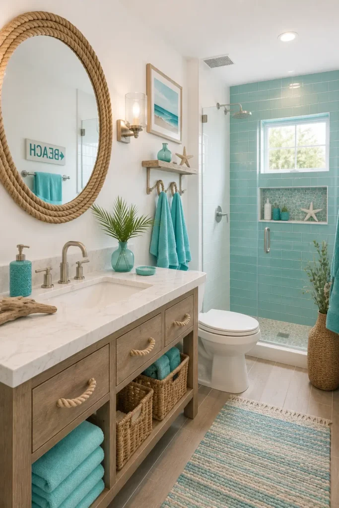 Turquoise and Coastal Decor for a Beach-Inspired Bathroom