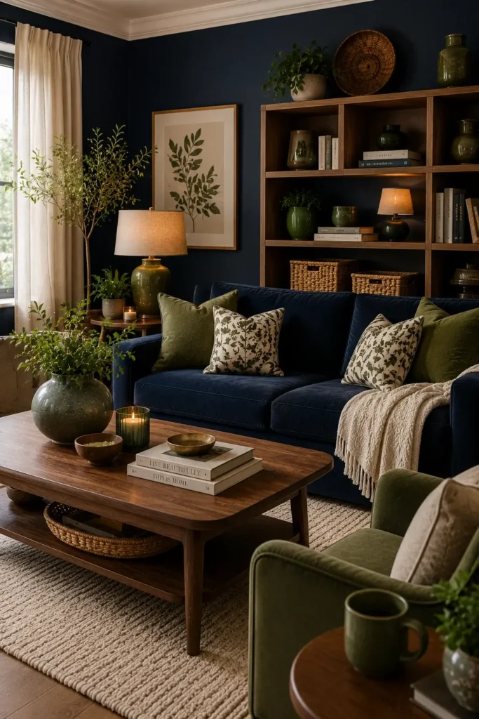 Navy and Green Living Rooms with Warm Wood Accents