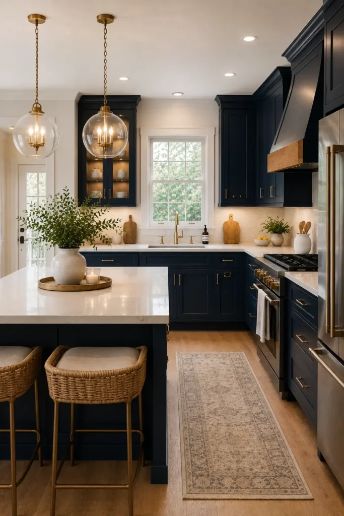 Navy Blue Cabinets With Brass Hardware