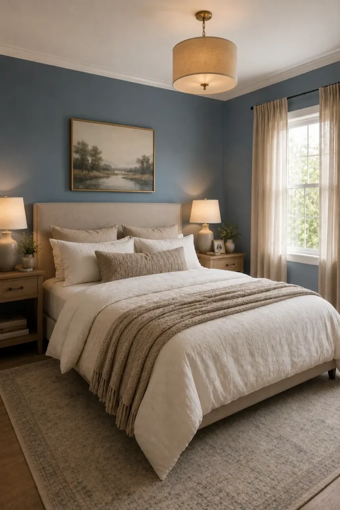 Dusty Blue Walls With Neutral Bedding