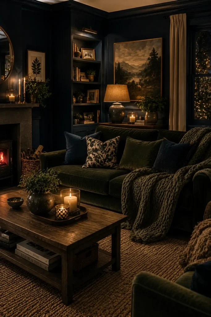 Cozy Dark Blue and Green Living Rooms