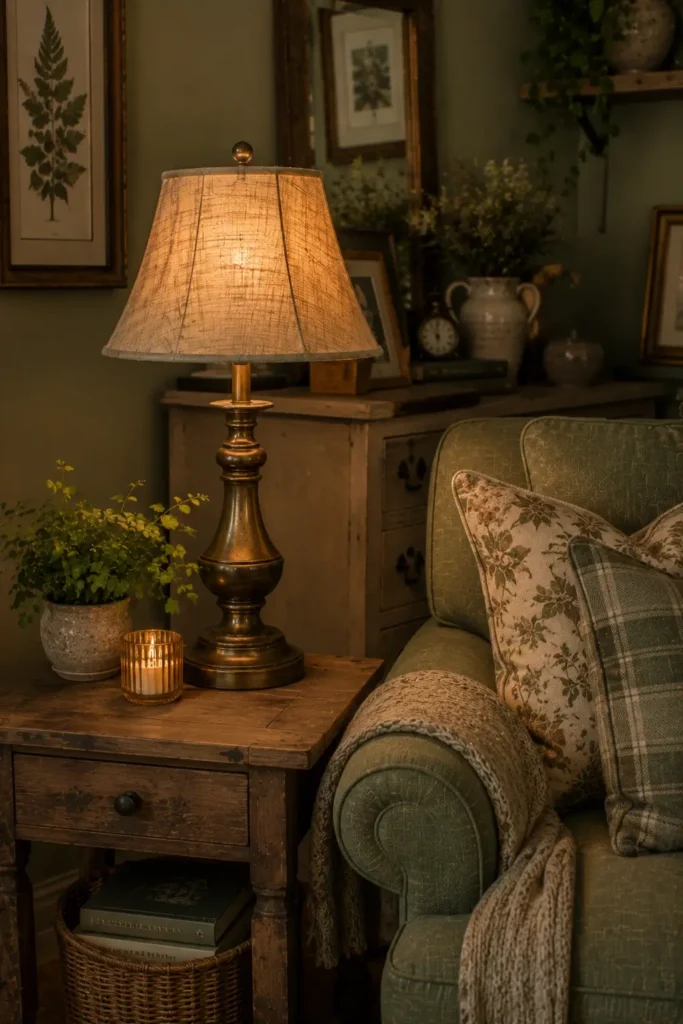 Rustic Sage Green Living Room With Vintage Lamp Styling