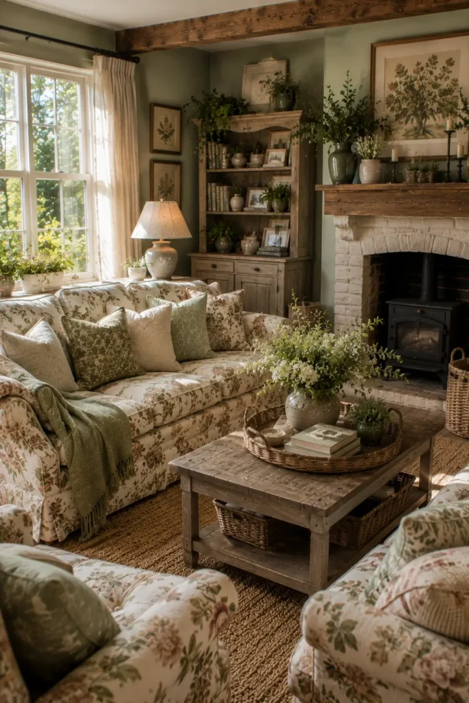Cozy Cottage Style Rustic Sage Green Living Room