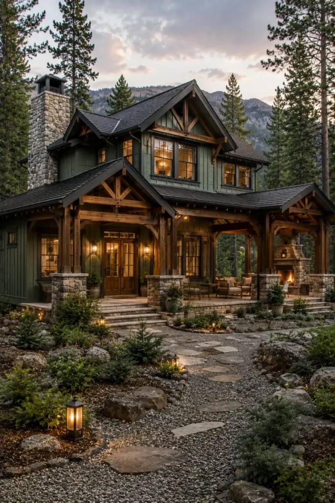 Rustic Green House Exterior With Wood Beams