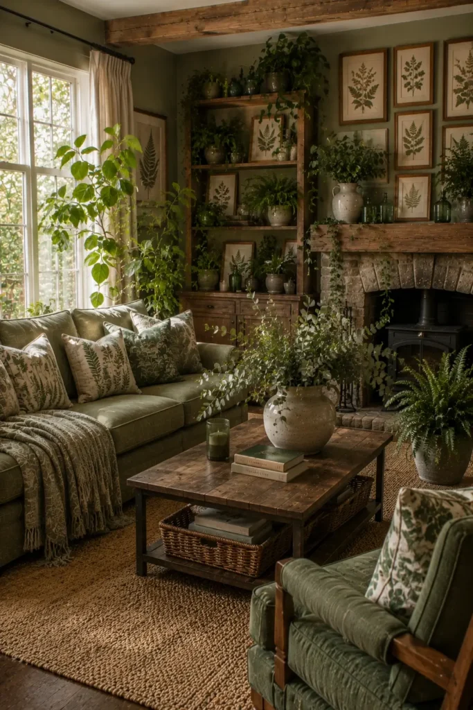 Rustic Sage Green Living Room With Botanical Decor