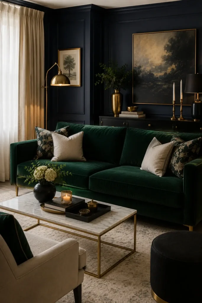 Emerald Velvet Sofas in Navy Living Rooms