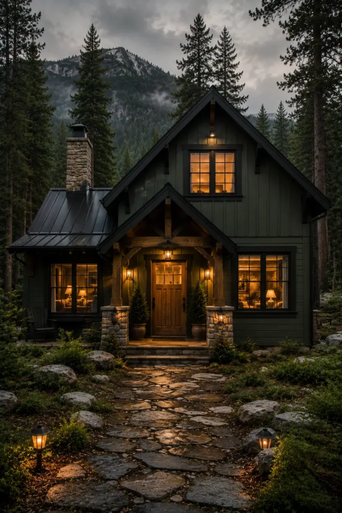 Cabin Style Dark Green Siding With Black Trim