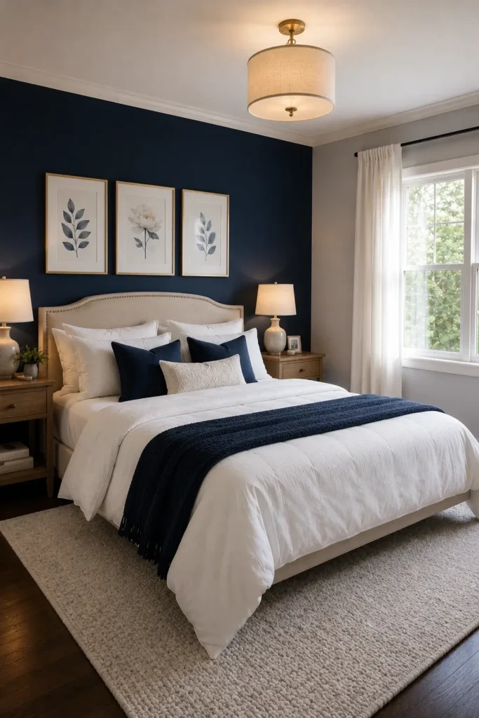 Deep Navy Accent Wall Behind the Bed