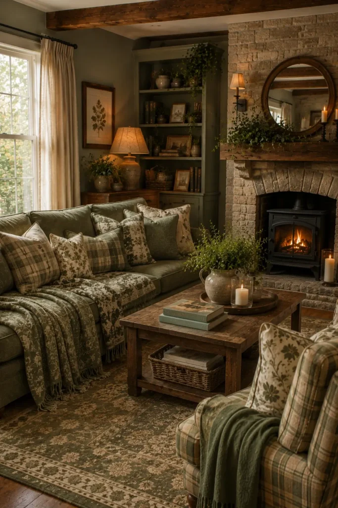 Rustic Sage Green Living Room With Layered Pattern and Texture