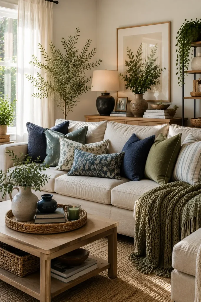Layered Blue and Green Throw Pillow Styling