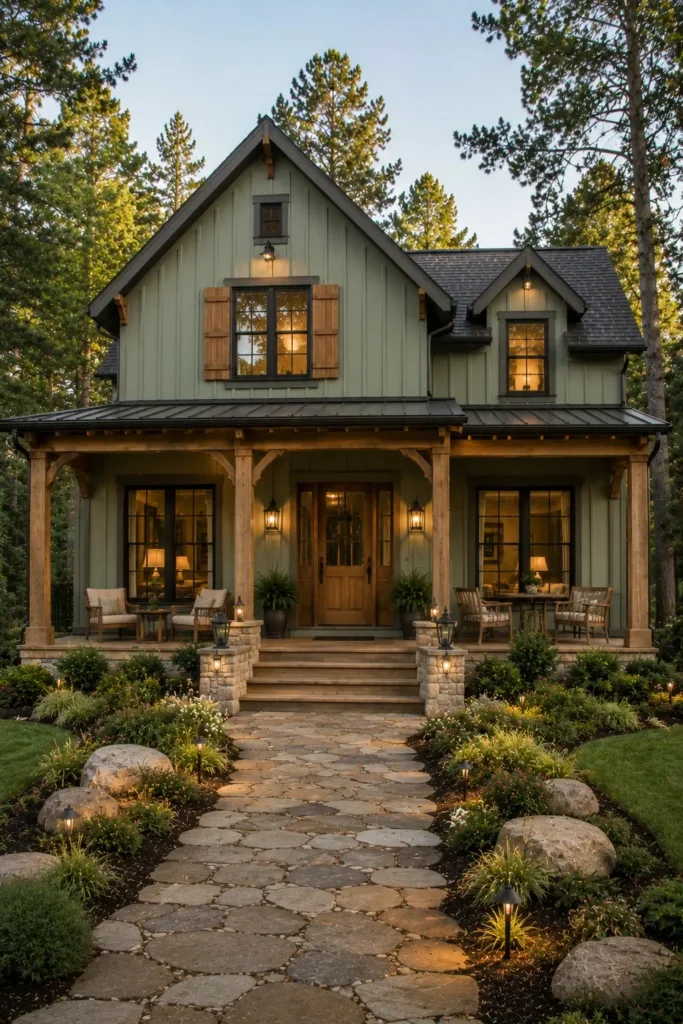 Sage Green House Exterior With Wood Columns