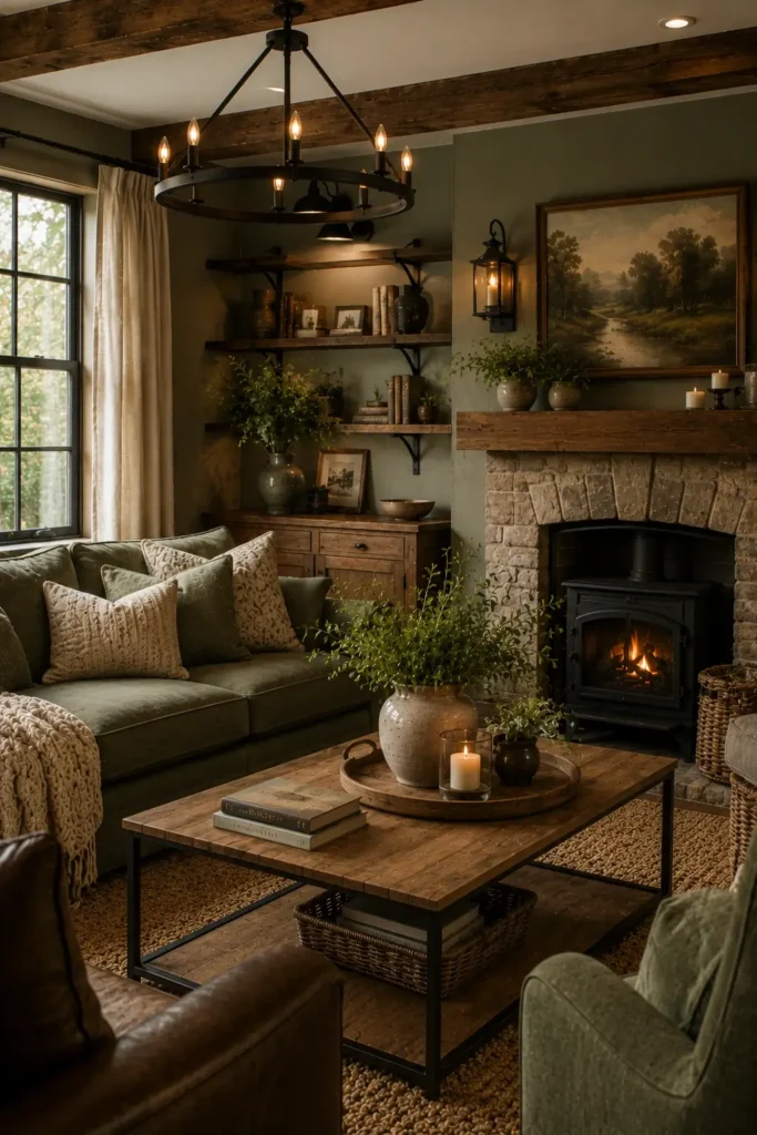 Rustic Living Room With Patterned Sage Green Textiles