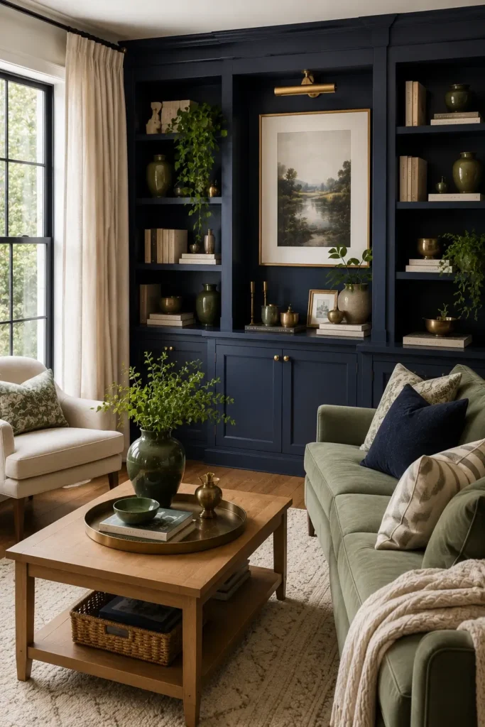 Navy Built-Ins with Sage Green Decor