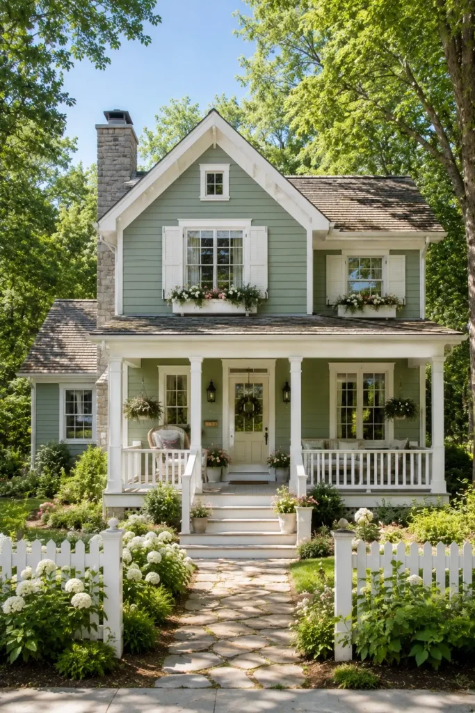 Sage Green Exterior House With White Trim