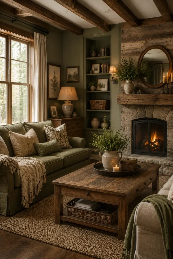 Rustic Sage Green Living Room With Gallery Walls