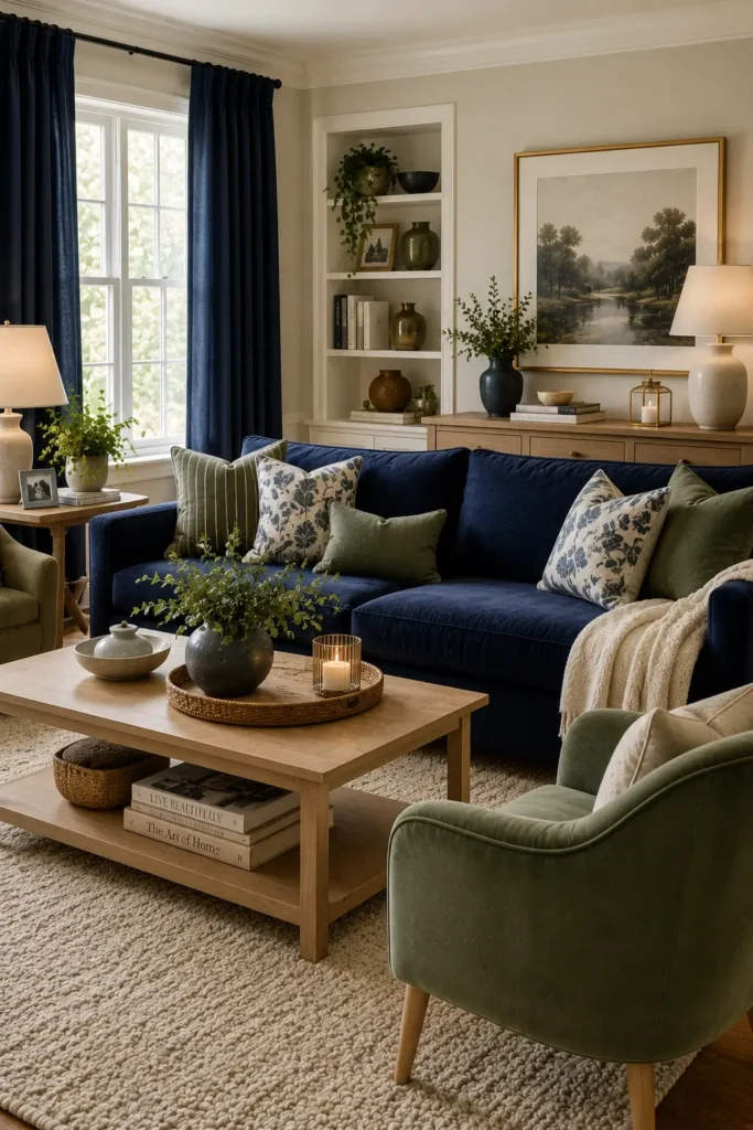 Navy Blue Curtains with Green Accent Chairs
